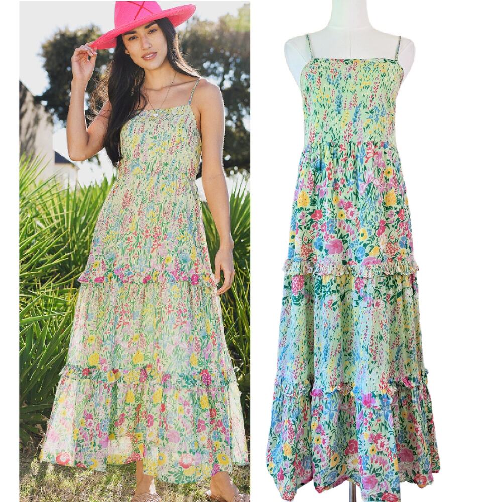 BANJANAN Hazel Maxi Dress Size SMall Smocked Tiered Green Multi Floral